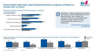 © FIR e. V. an der RWTH Aachen n=83; n=70
Partnerschaften helfen dabei, eigene Kompetenzbereiche zu ergänzen und Wissen zu
erweitern bzw. zu sichern
Mit welchen Partnern kooperieren Sie bei der Analyse von Betriebs-
und Zustandsdaten?
Mehrfachnennung möglich
50%
46%
58%
15%
38%
32%
18%
23%
7%
23%
Hersteller von Sensorik / Aktorik
Forschungseinrichtungen / Hochschulen
Hersteller von Maschinen / Anlagen
IT-Dienstleister mit Analysesoftware
Unternehmensberatungen
Top-Performer
Follower
32
Beispiel Wissensmanagement,
Top-Performer
Erfolgsfaktor – Wissen aus Berichten generieren:
„Wir erproben derzeit mit IBM Watson und Text
Mining Verfahren, wie wir Wissen aus
historischen Vertriebs- und Serviceberichten
extrahieren können. Hierfür können wir
unstrukturierte Daten bereits sinnvoll
strukturieren.
MethodenwissenSoftwareexpertise Technologie- und Engineeringexpertise
50%
Algorithmusexpertise (Produktions-) Prozessexpertise
38%
35%
30%
35%
18%
30%
16%
35%
39%
Welche Expertise ist für Sie besonders wichtig bei der Auswahl Ihrer Partner für die Analyse von Betriebs- und Zustandsdaten?
Mehrfachnennung möglich
Top-Performer
Follower
 