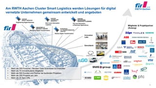 © FIR e. V. an der RWTH Aachen
Am RWTH Aachen Cluster Smart Logistics werden Lösungen für digital
vernetzte Unternehmen gemeinsam entwickelt und angeboten
2
• Mehr als 350 Forscher / Berater/ Data Scientisten & Entwickler
• Mehr als 70 immatrikulierte Mitglieder
• Mehr als 500 Kunden und Partner bei laufenden Projekten
• Mehr als 250 Projekte pro Jahr
• Mehr als 20 Spin-Offs
Mitglieder & Projektpartner
(Auszug)
Engineering Digital Business
Managing Digital Transformation
Next Level Information
Logistics
The next Generation
of Business Applications
Realize Digital Transformation
Innovation
Labs
Demofabrik
 