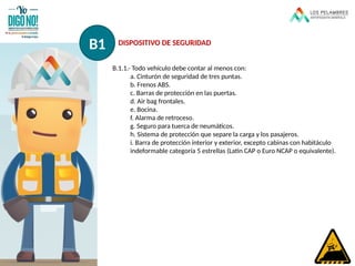 B.1.1.- Todo vehículo debe contar al menos con:
a. Cinturón de seguridad de tres puntas.
b. Frenos ABS.
c. Barras de protección en las puertas.
d. Air bag frontales.
e. Bocina.
f. Alarma de retroceso.
g. Seguro para tuerca de neumáticos.
h. Sistema de protección que separe la carga y los pasajeros.
i. Barra de protección interior y exterior, excepto cabinas con habitáculo
indeformable categoría 5 estrellas (Latin CAP o Euro NCAP o equivalente).
B1 DISPOSITIVO DE SEGURIDAD
 