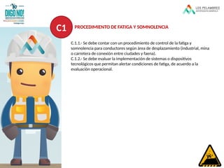 C.1.1.- Se debe contar con un procedimiento de control de la fatiga y
somnolencia para conductores según área de desplazamiento (industrial, mina
o carretera de conexión entre ciudades y faena).
C.1.2.- Se debe evaluar la implementación de sistemas o dispositivos
tecnológicos que permitan alertar condiciones de fatiga, de acuerdo a la
evaluación operacional.
C1 PROCEDIMIENTO DE FATIGA Y SOMNOLENCIA
 