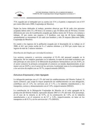 ESTUDIO REGIONAL FORESTAL DE LA UNIDAD DE MANEJO
FORESTAL 0901 (Cuajimalpa-Alvaro Obregon-Magdalena Contreras) D. F.
140
75.0, seguido por el trabajador por su cuenta con 15.8 y el patrón o empresario con el 4.9
por ciento (Breviario 2000, Cuajimalpa de Morelos).
Según las horas dedicadas al trabajo, permiten observar que 46 de cada cien personas
ocupadas labora entre 33 y 48 horas a la semana y que 36 labora más de 48 horas. Existen
diferencias por sexo de la población ocupada que dedica menos de 32 horas a la semana a
trabajar, 22 por ciento son mujeres y 8 hombres; con más de 48 horas trabajadas
semanalmente se encuentran 41 de cada cien hombres y sólo 28 mujeres (Breviario 2000,
Cuajimalpa de Morelos).
En cuanto a los ingresos de la población ocupada por el desempeño de su trabajo en el
2000, el 44.1 por ciento recibe de 0 a 2 salarios mínimos y el 48.0 por ciento tiene un
ingreso de más de 2 salarios mínimos.
Distribución del Empleo por Actividad Económica
Los sectores comercio y servicios concentran el 91.4% del personal ocupado en la
delegación. De los empleos generados en la industria, la rama de actividad económica que
más participa en este sector es la fabricación de productos farmacéuticos con un 24.8%, en
el sector comercio la primacía corresponde al comercio en tiendas departamentales al por
menor con un 24.0% y en el sector de los servicios, la principal rama es la correspondiente
a los servicios de empleo con un 39.7%, respectivamente (SIEGE).
Estructura Empresarial y Valor Agregado
La delegación participa con el 1.2% del total de establecimientos del Distrito Federal. El
sector comercio, que ocupa la mayor proporción de establecimientos en esta delegación,
contribuye con el 1.2%; los servicios con el 1.1%; y la industria manufacturera y los
transportes, correos y almacenamiento con el 1.0%, respectivamente (SIEGE).
La contribución de la Delegación Cuajimalpa de Morelos en el valor agregado de la
producción del Distrito Federal, representó durante 2003 el 1.5% del total. Este porcentaje,
en el caso de la minería es de 0.3%, en la construcción de 1.4%, en la industria
manufacturera y en el comercio es de 0.7 y 2.4%, respectivamente, en tanto en los
transportes es de 0.1% y en los servicios de 1.7% (SIEGE).
 