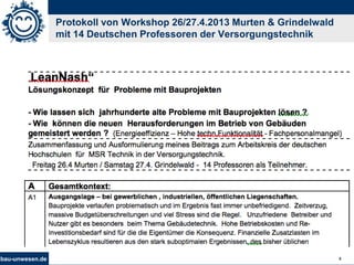 bau-unwesen.de 5
Protokoll von Workshop 26/27.4.2013 Murten & Grindelwald
mit 14 Deutschen Professoren der Versorgungstech...