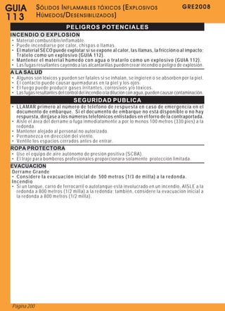 GU IA          SÓLIDOS INFLAMABLES TÓXICOS (EXPLOSIVOS                                      GRE2008
113            H Ú M E D O S /D E S E N S I B I L I Z A D O S )
                               PELIGROS POTENCIALES
 INCENDIO O EXPLOSION
 • Material combustible/inflamable.
 • Puede incendiarse por calor, chispas o llamas.
 • El material SECO puede explotar si se expone al calor, las llamas, la fricción o al impacto;
   Trátelo como un explosivo (GUIA 112).
 • M a n te n e r el mat erial h ú medo con agua o tratarl o como un e x pl os i v o ( G U I A 1 1 2 ) .
 • Las fugas resultantes cayendo a las alcantarillas pueden crear incendio o peligro de explosión.
 A LA SALUD
 •   Algunos son tóxicos y pueden ser fatales si se inhalan, se ingieren o se absorben por la piel.
 •   El contacto puede causar quemaduras en la piel y los ojos.
 •   El fuego puede producir gases irritantes, corrosivos y/o tóxicos.
 •   Las fugas resultantes del control del incendio o la dilución con agua, pueden causar contaminación.
                                   SEGURIDAD PUBLICA
 • LLAMAR primero al número de teléfono de respuesta en caso de emergencia en el
   documento de embarque. Si el documento de embarque no está disponible o no hay
   respuesta, diríjase a los números telefónicos enlistados en el forro de la contraportada.
 • Aisle el área del derrame o fuga inmediatamente a por lo menos 100 metros (330 pies) a la
   redonda.
 • Mantener alejado al personal no autorizado.
 • Permanezca en dirección del viento.
 • Ventile los espacios cerrados antes de entrar.
 ROPA PROTECTORA
 • Use el equipo de aire autónomo de presión positiva (SCBA).
 • El traje para bomberos profesionales proporcionara solamente protección limitada.
 EVACUACION
 Derrame Grande
 • Considere la evacuación inicial de 500 metros (1/3 de milla) a la redonda.
 Incendio
 • Si un tanque, carro de ferrocarril o autotanque está involucrado en un incendio, AISLE a la
   redonda a 800 metros (1/2 milla) a la redonda; también, considere la evacuacion inicial a
   la redonda a 800 metros (1/2 milla).




 Página 200
 