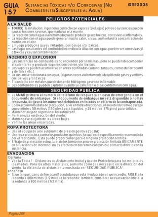 GU IA         SUSTANCIAS TÓXICAS Y/O CORROSIVAS (NO                                    GRE2008

157           COMBUSTIBLES/SUSCEPTIBLES AL AGUA)
                            PELIGROS POTENCIALES
 A LA SALUD
 • TOXICO; la inhalación, ingestión o contacto con vapores (piel, ojos) polvos o sustancias pueden
   causar lesiones severas, quemaduras o la muerte.
 • La reacción con el agua o aire húmedo puede producir gases tóxicos, corrosivos e inflamables.
 • La reacción con el agua puede generar mucho calor, el cual aumentará la concentracion de
   humos en el aire.
 • El fuego producirá gases irritantes, corrosivos y/o tóxicos.
 • Las fugas resultantes del control del incendio o la dilución con agua, pueden ser corrosivas y/
   o tóxicas y causar contaminación.
 INCENDIO O EXPLOSION
 • Las sustancias no-combustibles no encienden por sí mismas, pero se pueden descomponer
   al calentarse y producir vapores corrosivos y/o tóxicos.
 • Los vapores pueden acumularse en áreas confinadas (sótano, tanques, carros de ferrocarril
   y de tolva etc.).
 • La sustancia reaccionará con agua, (algunas veces violentamente) despidiendo gases y vertidos
   corrosivos y/o tóxicos.
 • El contacto con metales puede despedir hidrógeno gaseoso inflamable.
 • Los contenedores pueden explotar cuando se calientan o si se contaminan con agua.
                               SEGURIDAD PUBLICA
 • LLAMAR primero al número de teléfono de respuesta en caso de emergencia en el
   documento de embarque. Si el documento de embarque no está disponible o no hay
   respuesta, diríjase a los números telefónicos enlistados en el forro de la contraportada.
 • Cómo acción inmediata de precaución, aisle en todas direcciones, el área del derrame o escape
   como mínimo 50 metros (150 pies) para líquidos, y 25 metros (75 pies) para sólidos.
 • Mantener alejado al personal no autorizado.
 • Permanezca en dirección del viento.
 • Mantengase alejado de las áreas bajas.
 • Ventile las áreas encerradas.
 ROPA PROTECTORA
 • Use el equipo de aire autónomo de presión positiva (SCBA).
 • Use ropa protectora contra los productos químicos, la cual esté especificamente recomendada
   por el fabricante. Esta puede proporcionar poca o ninguna protección térmica.
 • El traje de protección estructural de los bomberos provee protección limitada UNICAMENTE
   en situaciones de incendio; no es efectivo en derrames con posible contacto directo con la
   sustancia.
 EVACUACION
 Derrame
 • Vea la Tabla 1 - Distancias de Aislamiento Inicial y Acción Protectora para los materiales
   resaltados. Para los otros materiales, aumente como sea necesario en la dirección del
   viento, la distancia de aislamiento mostrada en “SEGURIDAD PUBLICA”.
 Incendio
 • Si un tanque, carro de ferrocarril o autotanque está involucrado en un incendio, AISLE a la
   redonda a 800 metros (1/2 milla) a la redonda; también, considere la evacuacion inicial a
   la redonda a 800 metros (1/2 milla).




 Página 288
 