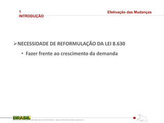 1
INTRODUÇÃO
REFORMA DO SETOR PORTUÁRIO – MEDIDA PROVISÓRIA No595, DE 6DEZ2012
Efetivação das Mudanças
NECESSIDADE DE REFORMULAÇÃO DA LEI 8.630
• Fazer frente ao crescimento da demanda
 