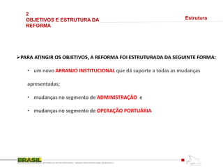 2
OBJETIVOS E ESTRUTURA DA
REFORMA
REFORMA DO SETOR PORTUÁRIO – MEDIDA PROVISÓRIA No595, DE 6DEZ2012
PARA ATINGIR OS OBJETIVOS, A REFORMA FOI ESTRUTURADA DA SEGUINTE FORMA:
• um novo ARRANJO INSTITUCIONAL que dá suporte a todas as mudanças
apresentadas;
• mudanças no segmento de ADMINISTRAÇÃO e
• mudanças no segmento de OPERAÇÃO PORTUÁRIA
Estrutura
 