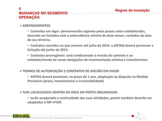 5
MUDANÇAS NO SEGMENTO
OPERAÇÃO
REFORMA DO SETOR PORTUÁRIO – MEDIDA PROVISÓRIA No595, DE 6DEZ2012
Regras de transição
ARRENDAMENTOS
• Contratos em vigor: permanecerão vigentes pelos prazos neles estabelecidos,
devendo ser licitados com a antecedência mínima de doze meses, contados da data
de seu término.
• Contratos vencidos ou que vencem até julho de 2014: a ANTAQ deverá promover a
licitação até junho de 2013.
• Contratos prorrogáveis: será condicionada à revisão do contrato e ao
estabelecimento de novas obrigações de movimentação mínima e investimentos.
TERMOS DE AUTORIZAÇÃO E CONTRATOS DE ADESÃO EM VIGOR
• ANTAQ deverá promover, no prazo de 1 ano, adaptação ao disposto na Medida
Provisória (prazo, investimentos e irreversibilidade)
TUPs LOCALIZADOS DENTRO DA ÁREA DO PORTO ORGANIZADO
• terão assegurada a continuidade das suas atividades, porém também deverão ser
adaptados à MP nº595.
 