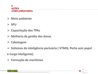 8
AÇÕES
COMPLEMENTARES
REFORMA DO SETOR PORTUÁRIO – MEDIDA PROVISÓRIA No595, DE 6DEZ2012
 Meio ambiente
 SPU
 Capacitação dos TPAs
 Melhoria de gestão das docas
 Cabotagem
 Sistemas de inteligência portuária ( VTMIS, Porto sem papel
e Carga inteligente)
 Formação de marítimos
 