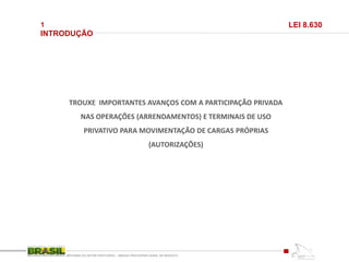 1
INTRODUÇÃO
REFORMA DO SETOR PORTUÁRIO – MEDIDA PROVISÓRIA No595, DE 6DEZ2012
LEI 8.630
TROUXE IMPORTANTES AVANÇOS COM A PARTICIPAÇÃO PRIVADA
NAS OPERAÇÕES (ARRENDAMENTOS) E TERMINAIS DE USO
PRIVATIVO PARA MOVIMENTAÇÃO DE CARGAS PRÓPRIAS
(AUTORIZAÇÕES)
 