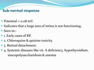 Sub-normal response
 Potential < 0.08 mV.
 Indicates that a large area of retina is not functioning.
 Seen in:-
 1. Early cases of RP.
 2. Chloroquine & quinine toxicity.
 3. Retinal detachment.
 4. Systemic diseases like vit. A deficiency, hypothyroidism,
mucopolysaccharidosis & anemia
 