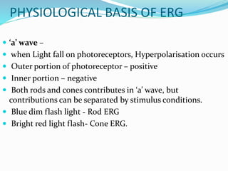 PHYSIOLOGICAL BASIS OF ERG
 ‘a’ wave –
 when Light fall on photoreceptors, Hyperpolarisation occurs
 Outer portion of photoreceptor – positive
 Inner portion – negative
 Both rods and cones contributes in ‘a’ wave, but
contributions can be separated by stimulus conditions.
 Blue dim flash light - Rod ERG
 Bright red light flash- Cone ERG.
 