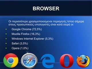 BROWSER
Οι περισσότερο χρησιμοποιούμενοι περιηγητές Ιστού σήμερα
στους προσωπικούς υπολογιστές είναι κατά σειρά οι:
● Google Chrome (72,5%)
● Mozilla Firefox (16,3%)
● Windows Internet Explorer (5,3%)
● Safari (3,5%)
● Opera (1,0%)
 