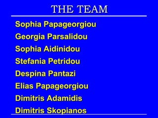 THE TEAM
Sophia Papageorgiou
Georgia Parsalidou
Sophia Aidinidou
Stefania Petridou
Despina Pantazi
Elias Papageorgiou
Dimitris Adamidis
Dimitris Skopianos
 