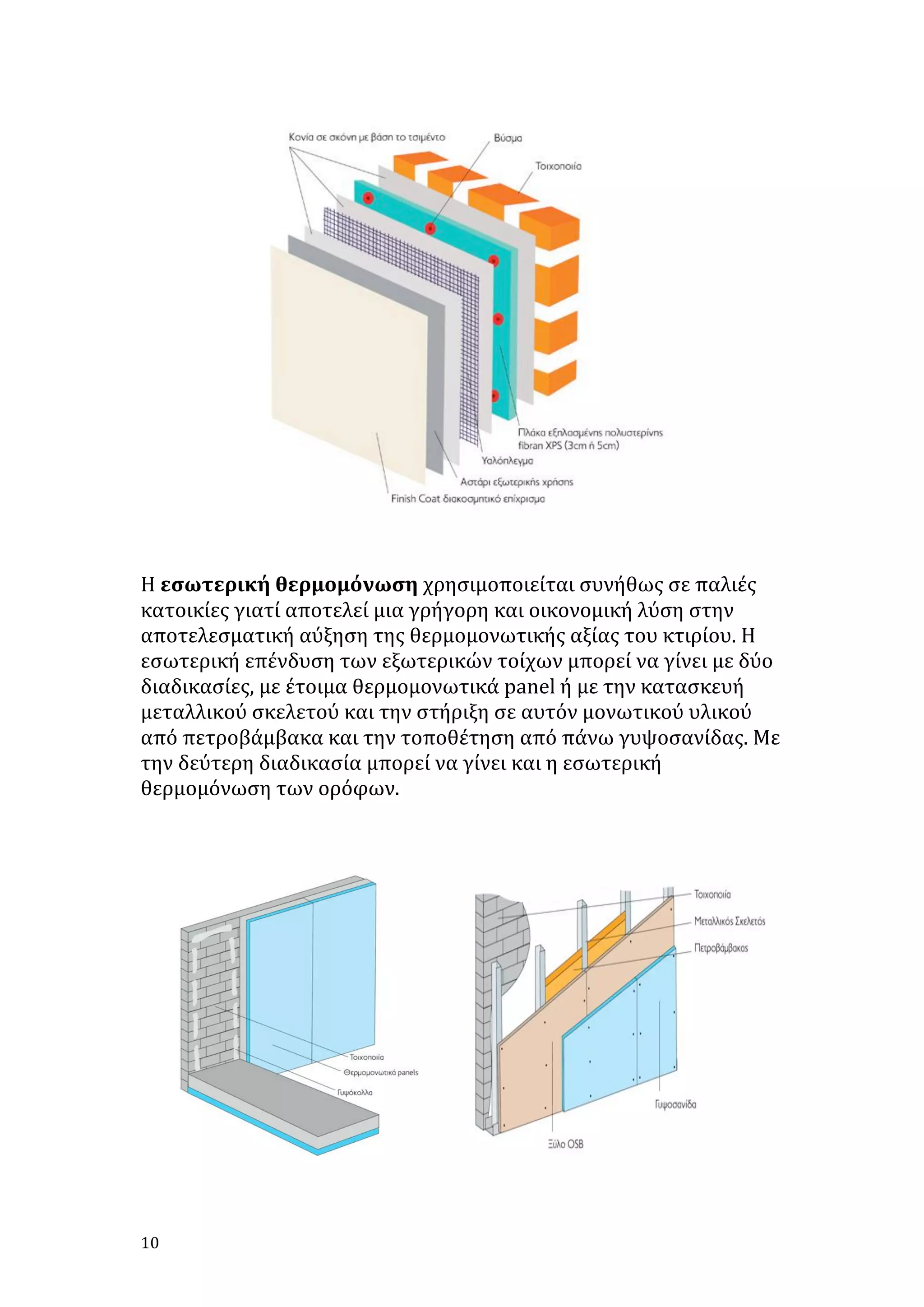  

	
  
	
  
Η	
  εσωτερική	
  θερμομόνωση	
  χρησιμοποιείται	
  συνήθως	
  σε	
  παλιές	
  
κατοικίες	
  γιατί	
  αποτελεί	
  μια	
  γρήγορη	
  και	
  οικονομική	
  λύση	
  στην	
  
αποτελεσματική	
  αύξηση	
  της	
  θερμομονωτικής	
  αξίας	
  του	
  κτιρίου.	
  Η	
  
εσωτερική	
  επένδυση	
  των	
  εξωτερικών	
  τοίχων	
  μπορεί	
  να	
  γίνει	
  με	
  δύο	
  
διαδικασίες,	
  με	
  έτοιμα	
  θερμομονωτικά	
  panel	
  ή	
  με	
  την	
  κατασκευή	
  
μεταλλικού	
  σκελετού	
  και	
  την	
  στήριξη	
  σε	
  αυτόν	
  μονωτικού	
  υλικού	
  
από	
  πετροβάμβακα	
  και	
  την	
  τοποθέτηση	
  από	
  πάνω	
  γυψοσανίδας.	
  Με	
  
την	
  δεύτερη	
  διαδικασία	
  μπορεί	
  να	
  γίνει	
  και	
  η	
  εσωτερική	
  
θερμομόνωση	
  των	
  ορόφων.	
  	
  
	
  

	
  
10	
   	
  

	
  

	
  

 