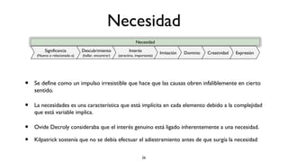 Necesidad
                                                                Necesidad
         Significancia         Descubrimiento               Interés            Imitación   Dominio   Creatividad   Expresión
     (Nuevo o relacionado a)   (hallar, encontrar)   (atractivo, importante)




•   Se define como un impulso irresistible que hace que las causas obren infaliblemente en cierto
    sentido.

•   La necesidades es una característica que está implícita en cada elemento debido a la complejidad
    que está variable implica.

•   Ovide Decroly consideraba que el interés genuino está ligado inherentemente a una necesidad.

•   Kilpatrick sostenía que no se debía efectuar el adiestramiento antes de que surgía la necesidad

                                                                      26
 