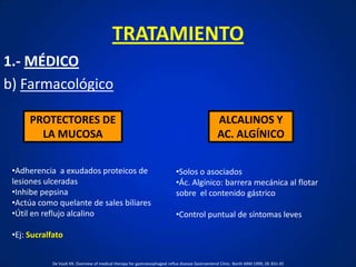 TRATAMIENTO
1.- MÉDICO
b) Farmacológico
ALCALINOS Y
AC. ALGÍNICO
PROTECTORES DE
LA MUCOSA
•Adherencia a exudados proteicos de
lesiones ulceradas
•Inhibe pepsina
•Actúa como quelante de sales biliares
•Útil en reflujo alcalino
•Ej: Sucralfato
•Solos o asociados
•Ác. Algínico: barrera mecánica al flotar
sobre el contenido gástrico
•Control puntual de síntomas leves
De Vault KR. Overview of medical therapy for gastroesophageal reflux disease Gastroenterol Clinic. North ARM 1999; 28: 831-45
 