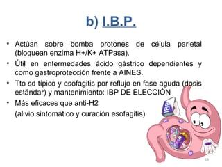 b) I.B.P.
• Actúan sobre bomba protones de célula parietal
(bloquean enzima H+/K+ ATPasa).
• Útil en enfermedades ácido gástrico dependientes y
como gastroprotección frente a AINES.
• Tto sd típico y esofagitis por reflujo en fase aguda (dosis
estándar) y mantenimiento: IBP DE ELECCIÓN
• Más eficaces que anti-H2
(alivio sintomático y curación esofagitis)
19
 