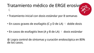 Tratamiento médico de ERGE erosivo

• Tratamiento inicial con dosis estándar por 8 semanas
• En casos graves de esofagitis (C y D de LA)  doble dosis
• En casos de esofagitis leve (A y B de LA)  dosis estándar
 Logra control de síntomas y curación endoscópica en 80%
de los casos.
 