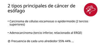 2 tipos principales de cáncer de
esófago
• Carcinoma de células escamosas o epidermoide (2 tercios
superiores)
• Adenocarcinoma (tercio inferior, relacionado al ERGE)
 Frecuencia de cada uno alrededor 55% 44% …
 