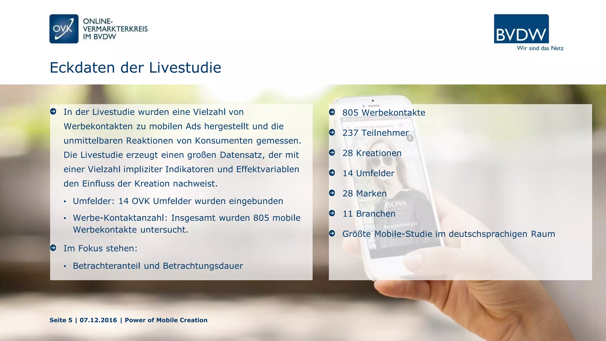 Eckdaten der Livestudie
Seite 5 | 07.12.2016 | Power of Mobile Creation
In der Livestudie wurden eine Vielzahl von
Werbekontakten zu mobilen Ads hergestellt und die
unmittelbaren Reaktionen von Konsumenten gemessen.
Die Livestudie erzeugt einen großen Datensatz, der mit
einer Vielzahl impliziter Indikatoren und Effektvariablen
den Einfluss der Kreation nachweist.
• Umfelder: 14 OVK Umfelder wurden eingebunden
• Werbe-Kontaktanzahl: Insgesamt wurden 805 mobile
Werbekontakte untersucht.
Im Fokus stehen:
• Betrachteranteil und Betrachtungsdauer
805 Werbekontakte
237 Teilnehmer
28 Kreationen
14 Umfelder
28 Marken
11 Branchen
Größte Mobile-Studie im deutschsprachigen Raum
 