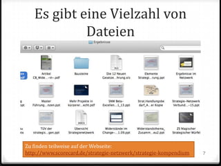 Es gibt eine Vielzahl von
Dateien

Zu finden teilweise auf der Webseite:
http://www.scorecard.de/strategie-netzwerk/strategie-kompendium

7

 