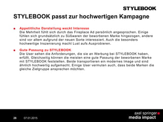 STYLEBOOK passt zur hochwertigen Kampagne
■ Appetitliche Darstellung weckt Interesse
Die Mehrheit fühlt sich durch das Fireplace Ad persönlich angesprochen. Einige
fühlen sich grundsätzlich zu Süßwaren der beworbenen Marke hingezogen, andere
sind vor allem aufgrund der neuen Sorte interessiert. Auch die besonders
hochwertige Inszenierung macht Lust aufs Ausprobieren.
■ Gute Passung zu STYLEBOOK
Die User sehen die Anforderungen, die sie an Werbung bei STYLEBOOK haben,
erfüllt. Gleichzeitig können die meisten eine gute Passung der beworbenen Marke
mit STYLEBOOK feststellen. Beide transportieren ein modernes Image und sind
ähnlich hochwertig aufgemacht. Einige User vermuten auch, dass beide Marken die
gleiche Zielgruppe ansprechen möchten.
07.01.2015 Contextual AD vs. PreRoll28
 