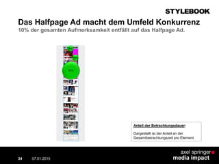 Das Halfpage Ad macht dem Umfeld Konkurrenz
10% der gesamten Aufmerksamkeit entfällt auf das Halfpage Ad.
07.01.2015 Contextual AD vs. PreRoll34
Anteil der Betrachtungsdauer:
Dargestellt ist der Anteil an der
Gesamtbetrachtungszeit pro Element.
9%
10%
81%
 
