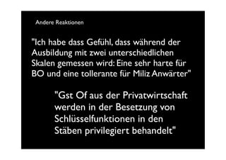 Andere Reaktionen


"Ich habe dass Gefühl, dass während der
Ausbildung mit zwei unterschiedlichen
Skalen gemessen wird: Eine sehr harte für
BO und eine tollerante für Miliz Anwärter"

       "Gst Of aus der Privatwirtschaft
       werden in der Besetzung von
       Schlüsselfunktionen in den
       Stäben privilegiert behandelt"
 