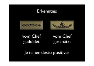 Erkenntnis




vom Chef        vom Chef
 geduldet       geschätzt

 Je näher, desto positiver
 