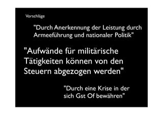 Vorschläge

    "Durch Anerkennung der Leistung durch
    Armeeführung und nationaler Politik"

"Aufwände für militärische
Tätigkeiten können von den
Steuern abgezogen werden"
              "Durch eine Krise in der
              sich Gst Of bewähren"
 