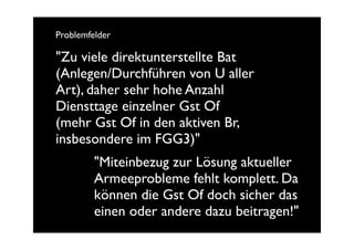 Problemfelder

"Zu viele direktunterstellte Bat
(Anlegen/Durchführen von U aller
Art), daher sehr hohe Anzahl
Diensttage einzelner Gst Of
(mehr Gst Of in den aktiven Br,
insbesondere im FGG3)"
         "Miteinbezug zur Lösung aktueller
         Armeeprobleme fehlt komplett. Da
         können die Gst Of doch sicher das
         einen oder andere dazu beitragen!"
 