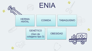 ENIA
HERNIA
HIATAL
COMIDA TABAQUISMO
GENÉTICO
(Gen de
colageno tipo 3)
OBESIDAD
 