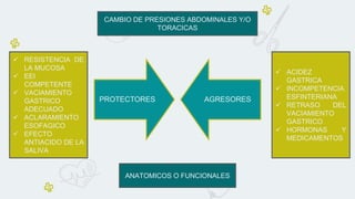 PROTECTORES AGRESORES
 RESISTENCIA DE
LA MUCOSA
 EEI
COMPETENTE
 VACIAMIENTO
GASTRICO
ADECUADO
 ACLARAMIENTO
ESOFAGICO
 EFECTO
ANTIACIDO DE LA
SALIVA
 ACIDEZ
GASTRICA
 INCOMPETENCIA
ESFINTERIANA
 RETRASO DEL
VACIAMIENTO
GASTRICO
 HORMONAS Y
MEDICAMENTOS
CAMBIO DE PRESIONES ABDOMINALES Y/O
TORACICAS
ANATOMICOS O FUNCIONALES
 