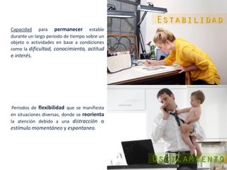 Periodos de flexibilidad que se manifiesta
en situaciones diversas, donde se reorienta
la atención debido a una distracción o
estímulo momentáneo y espontaneo.
Capacidad para permanecer estable
durante un largo periodo de tiempo sobre un
objeto o actividades en base a condiciones
como la dificultad, conocimiento, actitud
e interés.
 