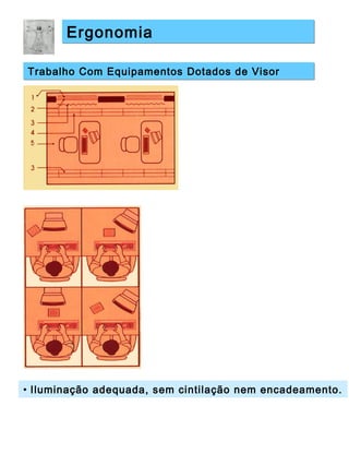 • Iluminação adequada, sem cintilação nem encadeamento.
ErgonomiaErgonomia
Trabalho Com Equipamentos Dotados de VisorTrabalho Com Equipamentos Dotados de Visor
 