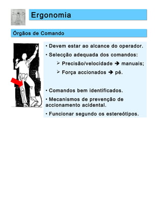 ErgonomiaErgonomia
Órgãos de ComandoÓrgãos de Comando
• Devem estar ao alcance do operador.
• Selecção adequada dos comandos:
 Precisão/velocidade  manuais;
 Força accionados  pé.
• Comandos bem identificados.
• Mecanismos de prevenção de
accionamento acidental.
• Funcionar segundo os estereótipos.
 