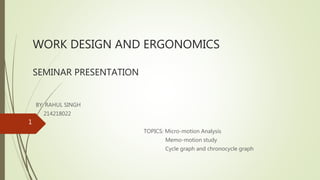 WORK DESIGN AND ERGONOMICS
SEMINAR PRESENTATION
BY: RAHUL SINGH
214218022
TOPICS: Micro-motion Analysis
Memo-motion study
Cycle graph and chronocycle graph
1
 