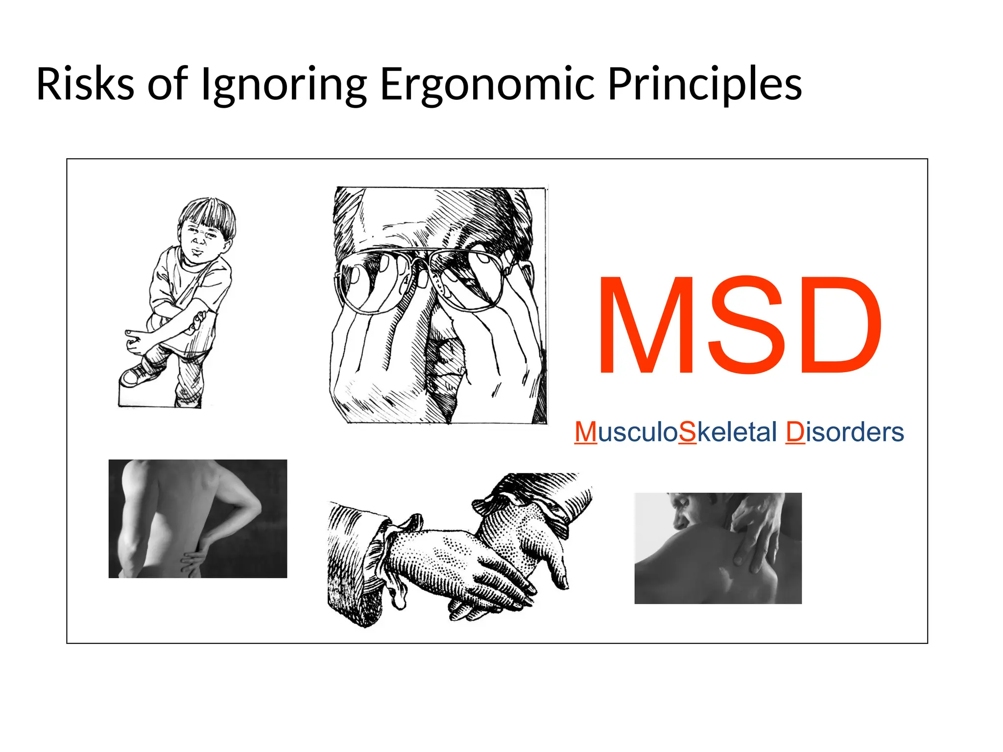 Risks of Ignoring Ergonomic Principles
MSD
MusculoSkeletal Disorders
 