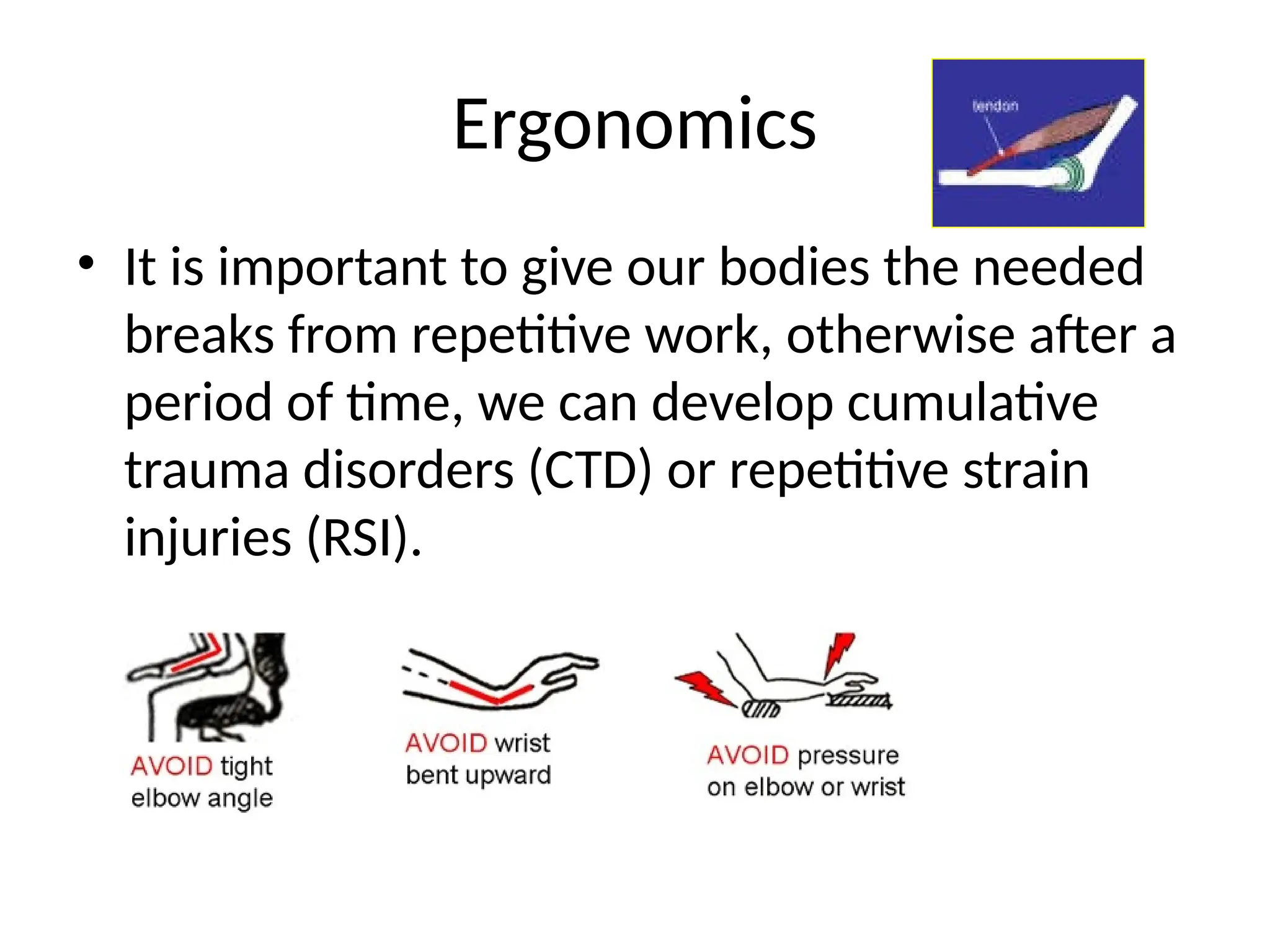 Ergonomics
• It is important to give our bodies the needed
breaks from repetitive work, otherwise after a
period of time, we can develop cumulative
trauma disorders (CTD) or repetitive strain
injuries (RSI).
 