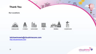 Thank You
BANGLORE CHENNAI MUMBAI PUNE GURGAON
Thank You
BENGALURU CHENNAI MUMBAI PUNE GURGAON
32
Our Locations
lalchawimawis@cloudninecare.com
http://cloudninecare.com/
 