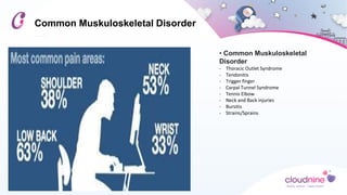 • Common Muskuloskeletal
Disorder
- Thoracic Outlet Syndrome
- Tendonitis
- Trigger finger
- Carpal Tunnel Syndrome
- Tennis Elbow
- Neck and Back injuries
- Bursitis
- Strains/Sprains
Common Muskuloskeletal Disorder
 