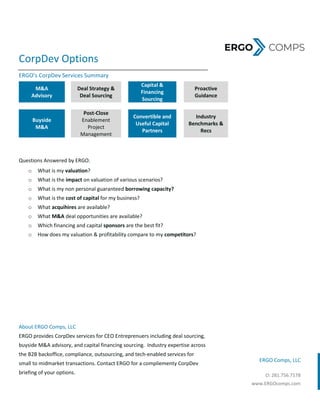 ERGO Comps, LLC
O: 281.756.7178
www.ERGOcomps.com
CorpDev Options
ERGO’s CorpDev Services Summary
M&A
Advisory
Deal Strategy &
Deal Sourcing
Capital &
Financing
Sourcing
Proactive
Guidance
Buyside
M&A
Post-Close
Enablement
Project
Management
Convertible and
Useful Capital
Partners
Industry
Benchmarks &
Recs
Questions Answered by ERGO.
o What is my valuation?
o What is the impact on valuation of various scenarios?
o What is my non personal guaranteed borrowing capacity?
o What is the cost of capital for my business?
o What acquihires are available?
o What M&A deal opportunities are available?
o Which financing and capital sponsors are the best fit?
o How does my valuation & profitability compare to my competitors?
About ERGO Comps, LLC
ERGO provides CorpDev services for CEO Entreprenuers including deal sourcing,
buyside M&A advisory, and capital financing sourcing. Industry expertise across
the B2B backoffice, compliance, outsourcing, and tech-enabled services for
small to midmarket transactions. Contact ERGO for a compliementy CorpDev
briefing of your options.
 