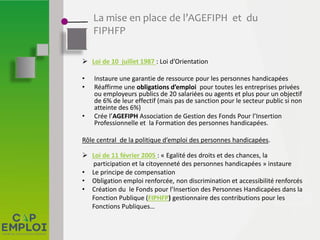 La mise en place de l’AGEFIPH et du
FIPHFP
 Loi de 10 juillet 1987 : Loi d’Orientation
• Instaure une garantie de ressource pour les personnes handicapées
• Réaffirme une obligations d’emploi pour toutes les entreprises privées
ou employeurs publics de 20 salariées ou agents et plus pour un objectif
de 6% de leur effectif (mais pas de sanction pour le secteur public si non
atteinte des 6%)
• Crée l’AGEFIPH Association de Gestion des Fonds Pour l’Insertion
Professionnelle et la Formation des personnes handicapées.
Rôle central de la politique d’emploi des personnes handicapées.
 Loi de 11 février 2005 : « Egalité des droits et des chances, la
participation et la citoyenneté des personnes handicapées » instaure
• Le principe de compensation
• Obligation emploi renforcée, non discrimination et accessibilité renforcés
• Création du le Fonds pour l’Insertion des Personnes Handicapées dans la
Fonction Publique (FIPHFP) gestionnaire des contributions pour les
Fonctions Publiques…
 