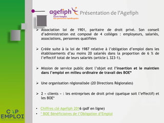 Présentation de l’Agefiph
 Association loi de 1901, paritaire de droit privé. Son conseil
d’administration est composé de 4 collèges : employeurs, salariés,
associations, personnes qualifiées
 Créée suite à la loi de 1987 relative à l’obligation d’emploi dans les
établissements d’au moins 20 salariés dans la proportion de 6 % de
l’effectif total de leurs salariés (article L 323-1).
 Mission de service public dont l’objet est l’insertion et le maintien
dans l’emploi en milieu ordinaire de travail des BOE*
 Une organisation régionalisée (20 Directions Régionales)
 2 « clients » : les entreprises de droit privé (quelque soit l’effectif) et
les BOE*
• Chiffres clé Agefiph 2016 (pdf en ligne)
• * BOE Bénéficiaires de l’Obligation d’Emploi
 