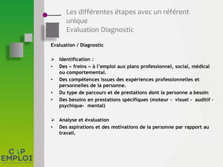 Les différentes étapes avec un référent
unique
Evaluation Diagnostic
Evaluation / Diagnostic
 Identification :
• Des « freins » à l’emploi aux plans professionnel, social, médical
ou comportemental.
• Des compétences issues des expériences professionnelles et
personnelles de la personne.
• Du type de parcours et de prestations dont la personne a besoin
• Des besoins en prestations spécifiques (moteur - visuel - auditif –
psychique- mental)
 Analyse et évaluation
• Des aspirations et des motivations de la personne par rapport au
travail.
 