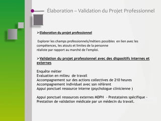 Élaboration – Validation du Projet Professionnel
Elaboration du projet professionnel
Explorer les champs professionnels/métiers possibles en lien avec les
compétences, les atouts et limites de la personne
réaliste par rapport au marché de l'emploi.
Validation du projet professionnel avec des dispositifs internes et
externes
Enquête métier
Evaluation en milieu de travail
Accompagnement sur des actions collectives de 210 heures
Accompagnement individuel avec son référent
Appui ponctuel ressource interne (psychologue clinicienne )
Appui ponctuel ressources externes MDPH - Prestataires spécifique -
Prestation de validation médicale par un médecin du travail.
 