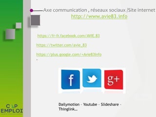 Axe communication , réseaux sociaux /Site internet
http://www.avie83.info
https://fr-fr.facebook.com/AVIE.83
https://twitter.com/avie_83
https://plus.google.com/+Avie83Info
.
Dailymotion – Youtube – Slideshare –
Thinglink…
 