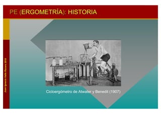 PE (PE (ERGOMETRERGOMETRÍÍAA):): HISTORIAHISTORIA
Cicloergómetro de Atwater y Benedit (1907)
JuanIgnacioValleRacero2010JuanIgnacioValleRacero2010
 