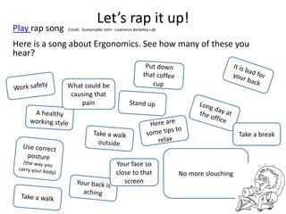 Let’s rap it up! 
Play rap song Credit: Sustainable John - Lawrence Berkeley Lab 
Here is a song about Ergonomics. See how many of these you 
hear? 
Take a break 
Your face so 
close to that 
screen 
What could be 
causing that 
pain 
No more slouching 
8 
 