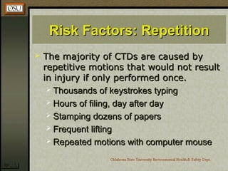 Risk Factors: RepetitionRisk Factors: Repetition
 The majority of CTDs are caused byThe majority of CTDs are caused by
repetitive motions that would not resultrepetitive motions that would not result
in injury if only performed once.in injury if only performed once.
 Thousands of keystrokes typingThousands of keystrokes typing
 Hours of filing, day after dayHours of filing, day after day
 Stamping dozens of papersStamping dozens of papers
 Frequent liftingFrequent lifting
 Repeated motions with computer mouseRepeated motions with computer mouse
 